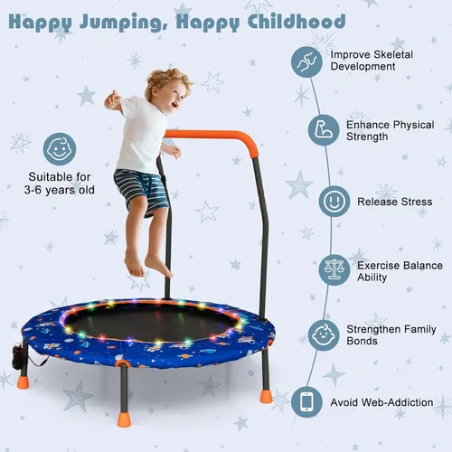 Vista 8 de Goplus Mini trampolín de 36 pulgadas para niños, trampolín para niños pequeños con luces LED, altavoz Bluetooth, mango extraíble, cubierta acolchada