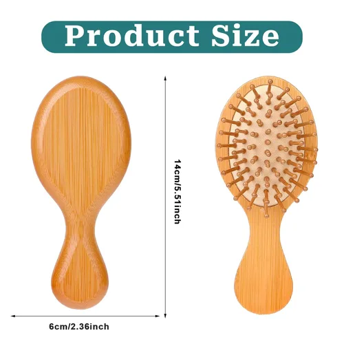Vista 4 de Mini cepillo de bambú para el crecimiento del cabello, cepillo masajeador de madera natural con diseño de mango y pasadores de madera redondos
