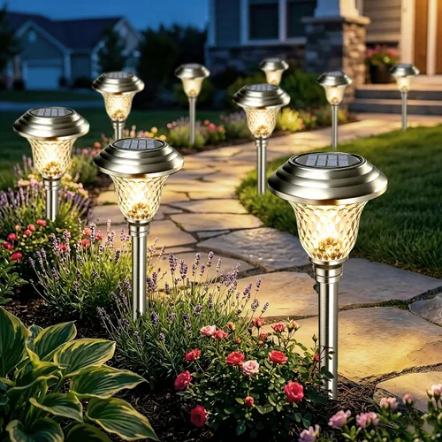 Vista 8 de BEAU JARDIN Paquete de 4 luces solares para camino, color blanco + cambio de color, acero inoxidable, 3 modos para exteriores, multicolor, metal