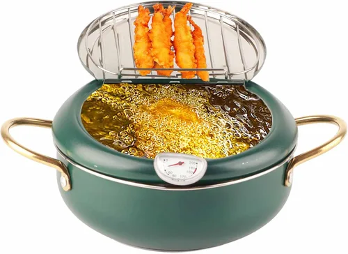 Vista 4 de Alvinlite Olla para freidora, freidora pequeña de tempura, olla japonesa de acero inoxidable con termómetro, freidoras verdes de grasa profunda