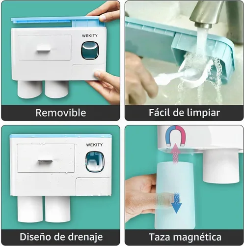 Vista 6 de Soporte multifuncional para cepillos de dientes montado en la pared, dispensador automático de pasta de dientes que ahorra espacio para cepillos