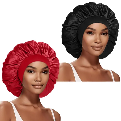 Vista 8 de 2 piezas de gorros de satén extra grandes para dormir de 17 pulgadas, gorro de seda jumbo para mujeres (negro y morado)