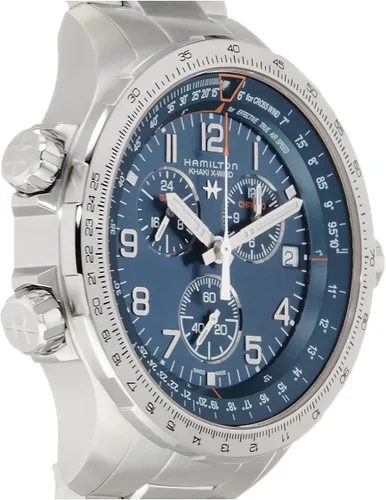 Vista 4 de Hamilton Khaki Aviation X-Wind GMT Reloj de cuarzo suizo con cronógrafo de 1.811in, esfera azul, pulsera de acero inoxidable plateada