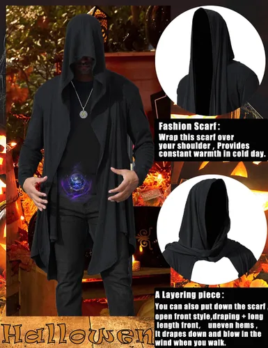 Vista 3 de Cárdigan largo con capucha para hombre, con volantes, cuello de chal, parte delantera abierta, ligero, con bolsillos
