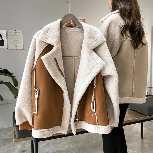 Vista 6 de Abrigo de peluche para mujer, casual, cómodo, corto, de lana de cordero, abrigo de piel sintética