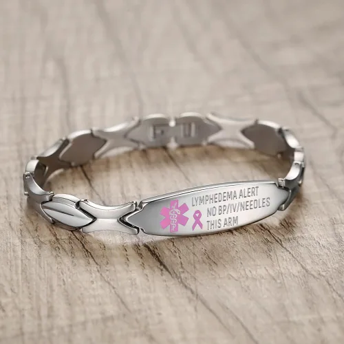 Vista 2 de LinnaLove Lymphedema Alert Bracelets no bp/iv/needles this arm Stainless Steel Medical id Bracelets for Women
