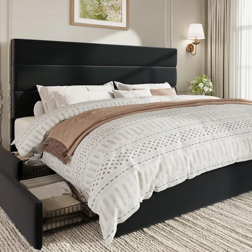 Vista 14 de SHA CERLIN Base de cama de plataforma de tamaño matrimonial con 4 cajones de almacenamiento, cabecera tapizada de terciopelo, base de colchón