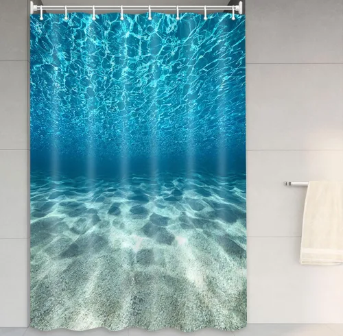Vista 11 de MERCHR Cortina de ducha de playa azul océano, naturaleza bajo el agua, escena del mundo del mar, cortinas de baño, tela impermeable, 36 x 72 pulgadas