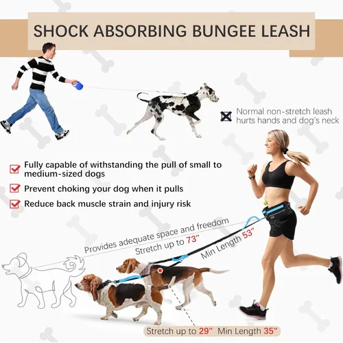 Vista 8 de Correa de cintura manos libres con bolsa para dos perros, costuras reflectantes, doble asa y diseño retráctil elástico, ideal para perros medianos a