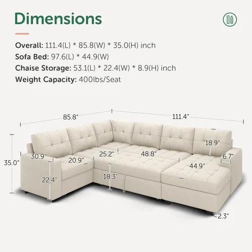Vista 2 de HONBAY Sofá Seccional Cama Extraíble, Sofá Seccional en Forma de U con Chaise de Almacenamiento, Sofá Cama para Sala de Estar, Beige