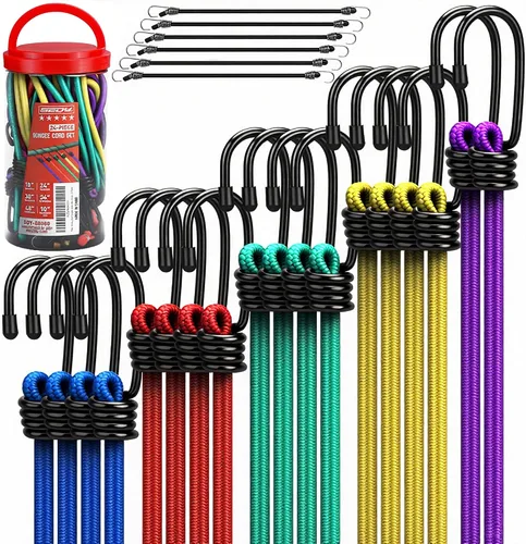 Vista 11 de 5 cuerdas elásticas de 24 pulgadas con ganchos de mosquetón, correas elásticas de goma resistentes, cuerda elástica con clips de mosquetón