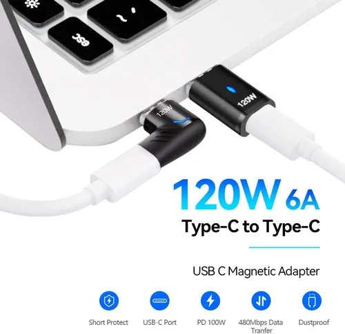 Vista 2 de Adaptador magnético USB C Ángel derecho + USB magnético tipo C recto 5 pines, compatible con PD 120 W carga rápida, transferencia de datos de 480