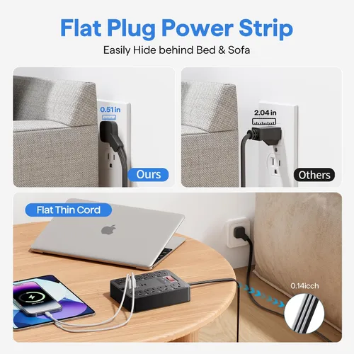 Vista 3 de Tira de alimentación con protector de sobretensiones 13 en 1, enchufe plano, 8 salidas de CA amplias, 3 puertos USB, 1250 W/10 A, cable de extensión