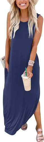 Vista 3 de ANRABESS - Vestido largo, informal y holgado para mujer, sin mangas, con bolsillos y abertura, para playa