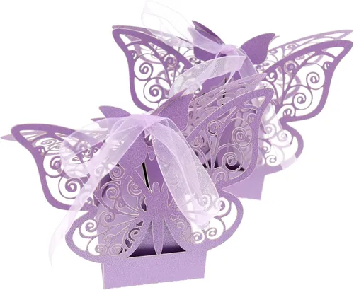 Vista 5 de Auto-plaza 50 cajas de regalo de mariposa cortadas con láser, cajas de dulces con cintas (beige)