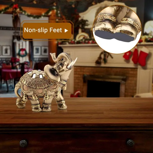 Vista 5 de Estatua de elefante dorado 5.5 Feng Shui, elefante tailandés con tronco hacia arriba, escultura coleccionable, decoración de riqueza para el hogar