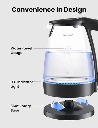 Vista 4 de COMFEE' Hervidor eléctrico, hervidor de agua caliente de 1.7L, hervido rápido de 1500W, hervidor de té eléctrico de vidrio con indicador LED