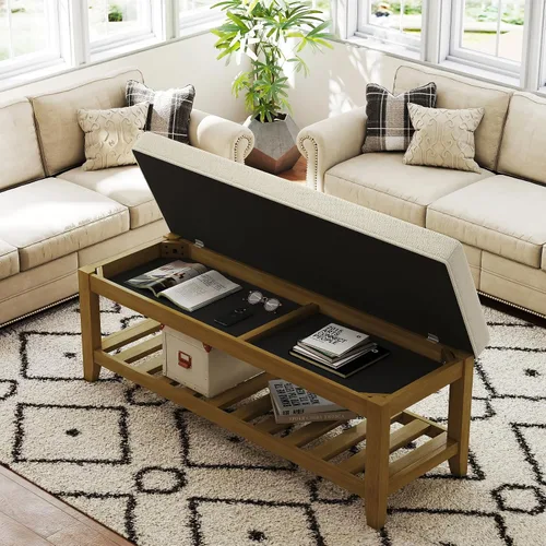 Vista 15 de Otomana con banco de almacenamiento, mesa de centro otomana de lino, gris oscuro Solid frame for added stability, 3.2-inch storage ottoman cushion