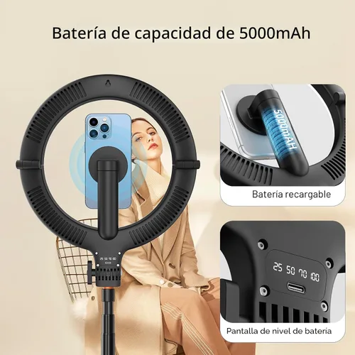 Vista 6 de Anillo de luz magnético de 10.2 pulgadas con trípode de 64 pulgadas para iPhone Mag Safe, anillo de luz recargable de 5000 mAh con soporte, trípode