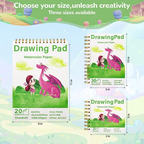 Vista 2 de Elvendreth Cuaderno de papel para acuarela 5x5 pulgadas, 30 hojas de papel prensado en frío (140 lb/300 g/m²), encuadernado en espiral/línea