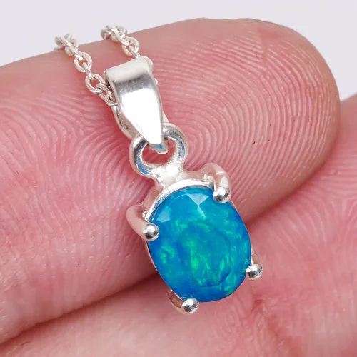 Vista 3 de Paraiba - Collar con colgante de ópalo hecho a mano, piedra tallada, cristal curativo natural de chakras, plata de ley 925 de 18 pulgadas