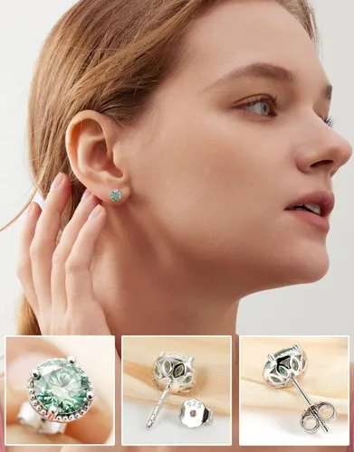 Vista 4 de 2CT Round Cut Aquamarine Moissanite Earrings 18 K White Gold Plated S925 Sterling Silver Earrings Blue Moissanite Hypoallergenic Earrings For Women