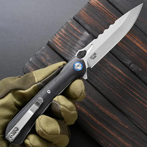 Vista 6 de Sitivien ST145 - Cuchillo de bolsillo plegable, hoja de acero 14C28N, mango G10 EDC herramienta cuchillo para supervivencia al aire libre Negro