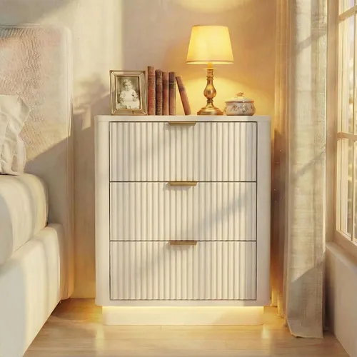 Vista 10 de Mesita de noche LED acanalada, mesita de noche curvada inteligente con iluminación de estación de carga, mesa auxiliar de madera con 2 cajones