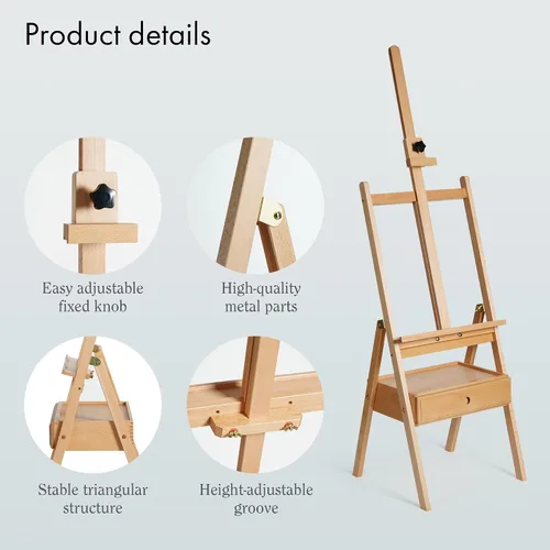 Vista 4 de ARTIFY Caballete de estudio grande de madera con marco en H con cajón de almacenamiento y estante para artistas, soporte de lona de madera de haya