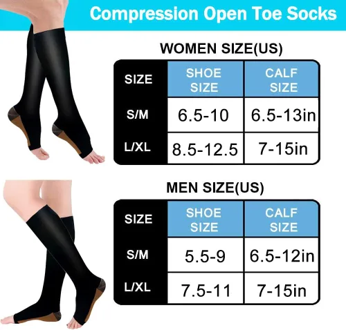 Vista 6 de Calcetines de compresión de cobre para mujeres y hombres, punta abierta, 15-20 mmHg, es el mejor apoyo para la recuperación de la circulación y uso