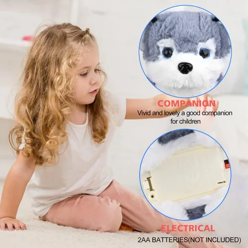 Vista 4 de WorWoder Cachorro de peluche de Alaska, perro electrónico interactivo para mascotas, caminar, ladrar, mover la cola, estirar, animal de compañía