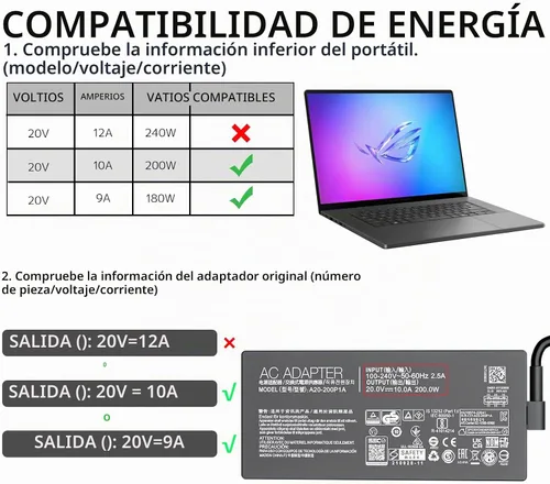 Vista 4 de Cargador de portátil para juegos de 200W 10A para ASUS ROG Zephyrus TUF Carga rápida de 20 V 10 A Potencia estable para juegos Control de Negro