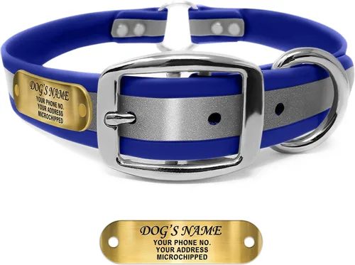 Vista 10 de Regal Dog Products Collar de perro reflectante negro pequeño con placa de nombre grabada personalizada y anillo central resistente Collares