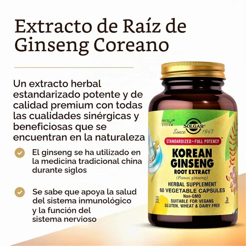 Vista 3 de Solgar, Extracto de Raíz de Ginseng Coreano de Máxima Potencia Estandarizado, Cápsulas Vegetales, E4138, 1, 1