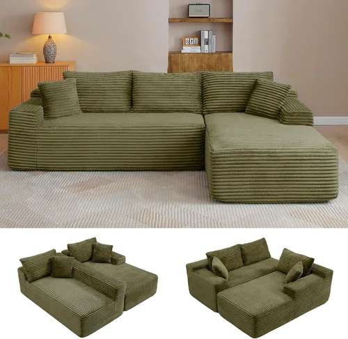 Vista 22 de Sofá modular en forma de L de 108 pulgadas, sofá modular sin hueso para sala de estar, cómodo sofá esponjoso de pana con asiento profundo Camel