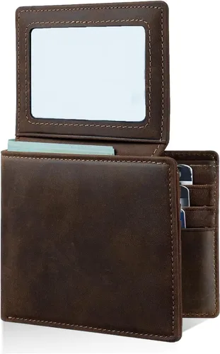 Vista 7 de HRS Cartera de cuero genuino para hombre, Marrón, 12 ranuras para tarjetas
