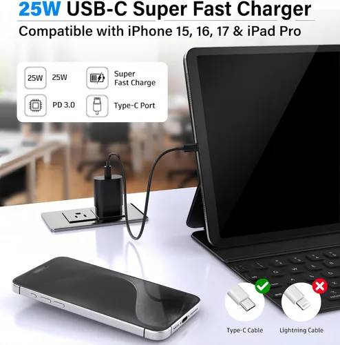 Vista 6 de Galaxy S25 S24 - Bloque de carga USB C de 25 W PD cargador súper rápido con cable tipo C, adaptador de enchufe de pared de 6 pies, carga rápida