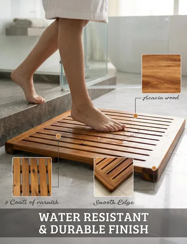 Vista 4 de Alfombra de ducha de madera de acacia 21x21 pulgadas de Demigo, lujosa alfombra de baño antideslizante para baño, bañera, ducha, spa, jardín, hogar