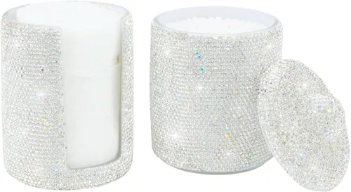 Vista 8 de KEYPOWER Almohadilla de bolas de algodón con diamantes de imitación, soporte dispensador de almohadillas de maquillaje, tarro acrílico con tapa