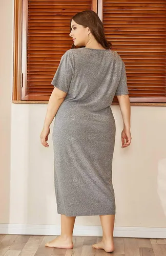 Vista 3 de Camisón de manga corta para mujer, talla grande, con estampado largo, cuello redondo, ropa de dormir, cómoda camisa para dormir