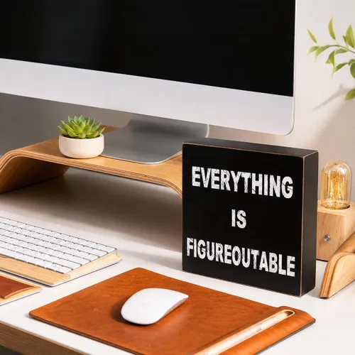 Vista 2 de Decoración negra para escritorio de oficina en casa, letrero de caja con texto en inglés «Everything is Figureoutable», decoraciones de oficina