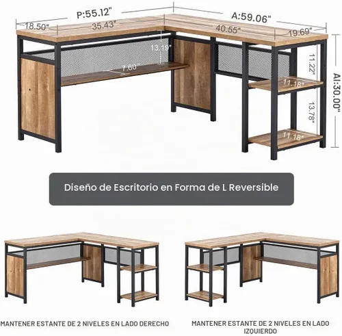 Vista 3 de FATORRI Escritorio para computadora en forma de L con estantes de madera, escritorio de esquina industrial rústico para oficina en casa con patas