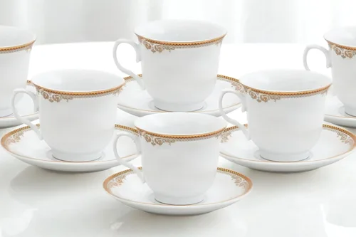 Vista 3 de Juego de té de porcelana, 12 piezas, elegante diseño floral blanco con borde dorado – Platillos de 5.5 pulgadas, tazas de 6.5 onzas – para fiestas