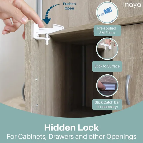 Vista 2 de Inaya Kit completo a prueba de bebés y cerradura de palanca de puerta Inaya paquete de 4 cerraduras a prueba de niños, adhesivo 3M y fácil