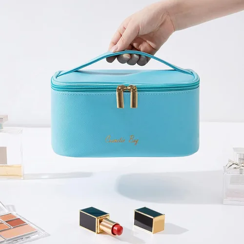 Vista 8 de Bolsa de maquillaje pequeña para mujeres, con cremallera, organizador, impermeable, bonita (azul claro)