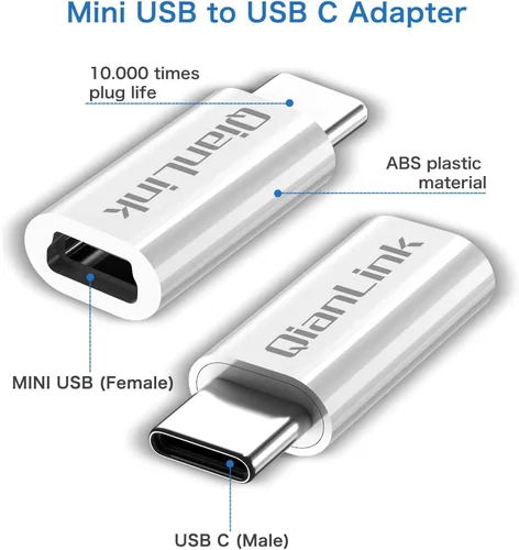 Vista 2 de Adaptador mini USB a USB C, (paquete de 2) Mini USB hembra a USB C macho, conversión de carga y sincronización de datos compatible con Samsung