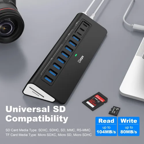 Vista 5 de Hub USB alimentado de 10 Gbps, intpw YH9AC Plus 13 puertos USB 3.2 Hub