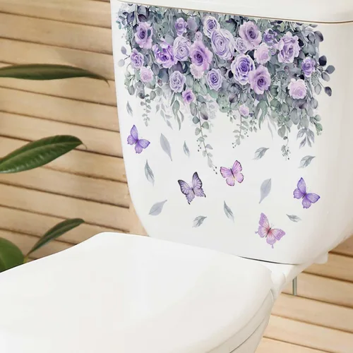 Vista 3 de Aniversario Día de la Madre Naturaleza Plantas Moradas Arbusto Mariposas PVC Pegatina Baño Inodoro Tanque Autoadhesivo, 9.8 pulgadas x 13.7 pulgadas