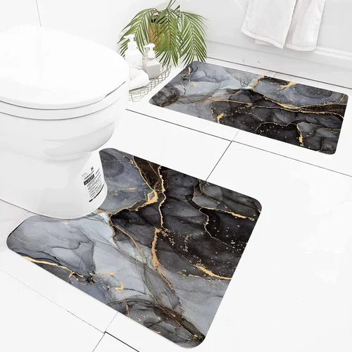 Vista 5 de EMMTEEY Juego de alfombras de baño de 3 piezas, alfombra de baño de mármol negro, gris y dorado, antideslizante, absorbente, para debajo