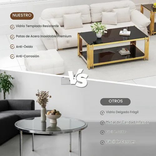 Vista 5 de Mesa de centro de cristal negro de 43 pulgadas, mesa moderna para sala de estar, acero inoxidable dorado, patas de metal, rectangular, de vidrio